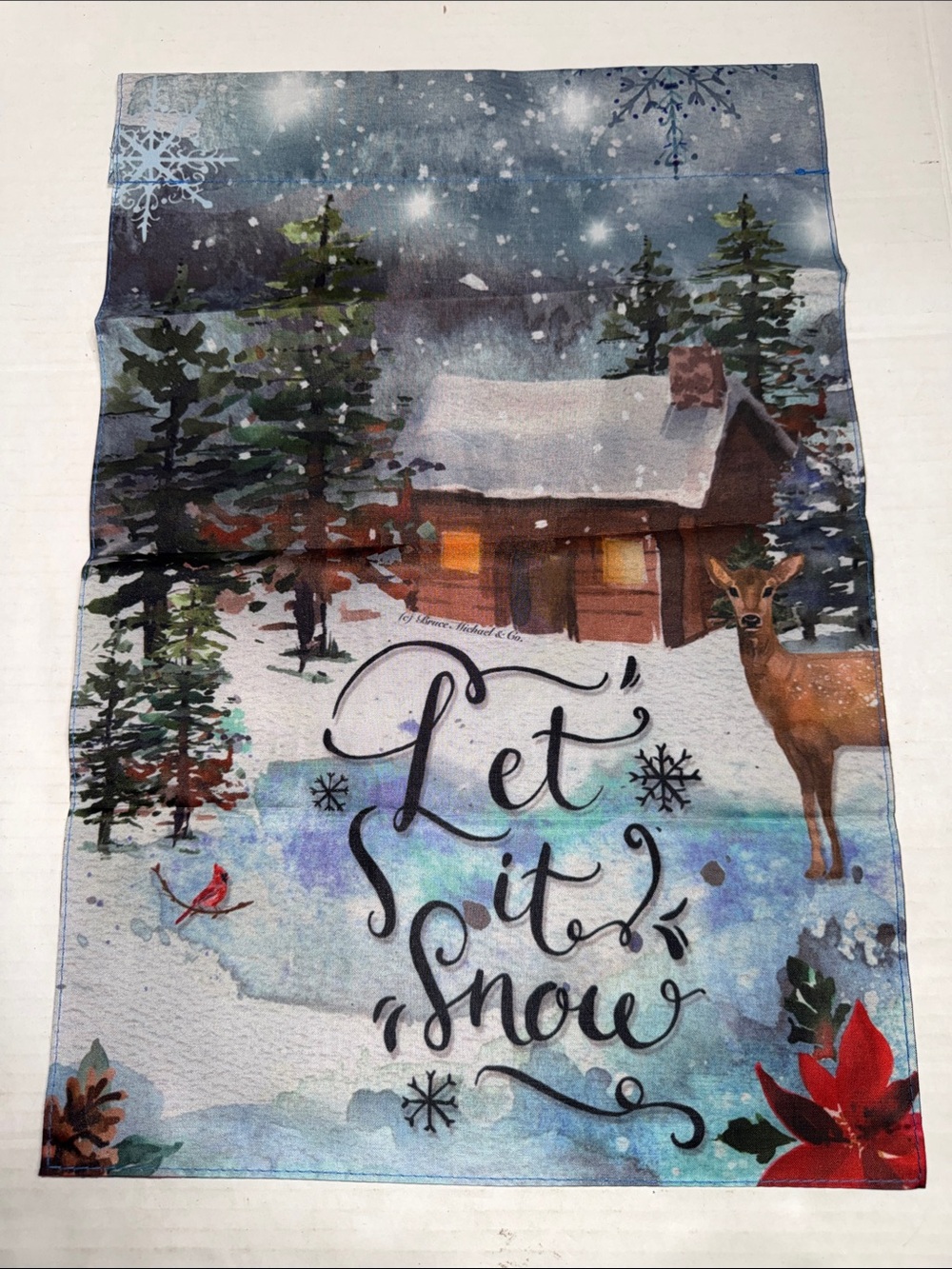 Let It Snow Holiday Lawn/Garden flag - Winter Cabin & Deer Design
